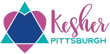 Kesher pittsburgh logo, including a magen david in which the downward facing triangle is a pink heart combined with a blue upward facing triangle.