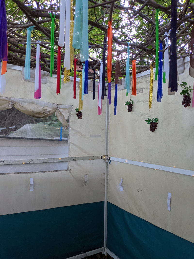 The inside of our sukkah with ribbons and tree branches to create a skakch (roof).